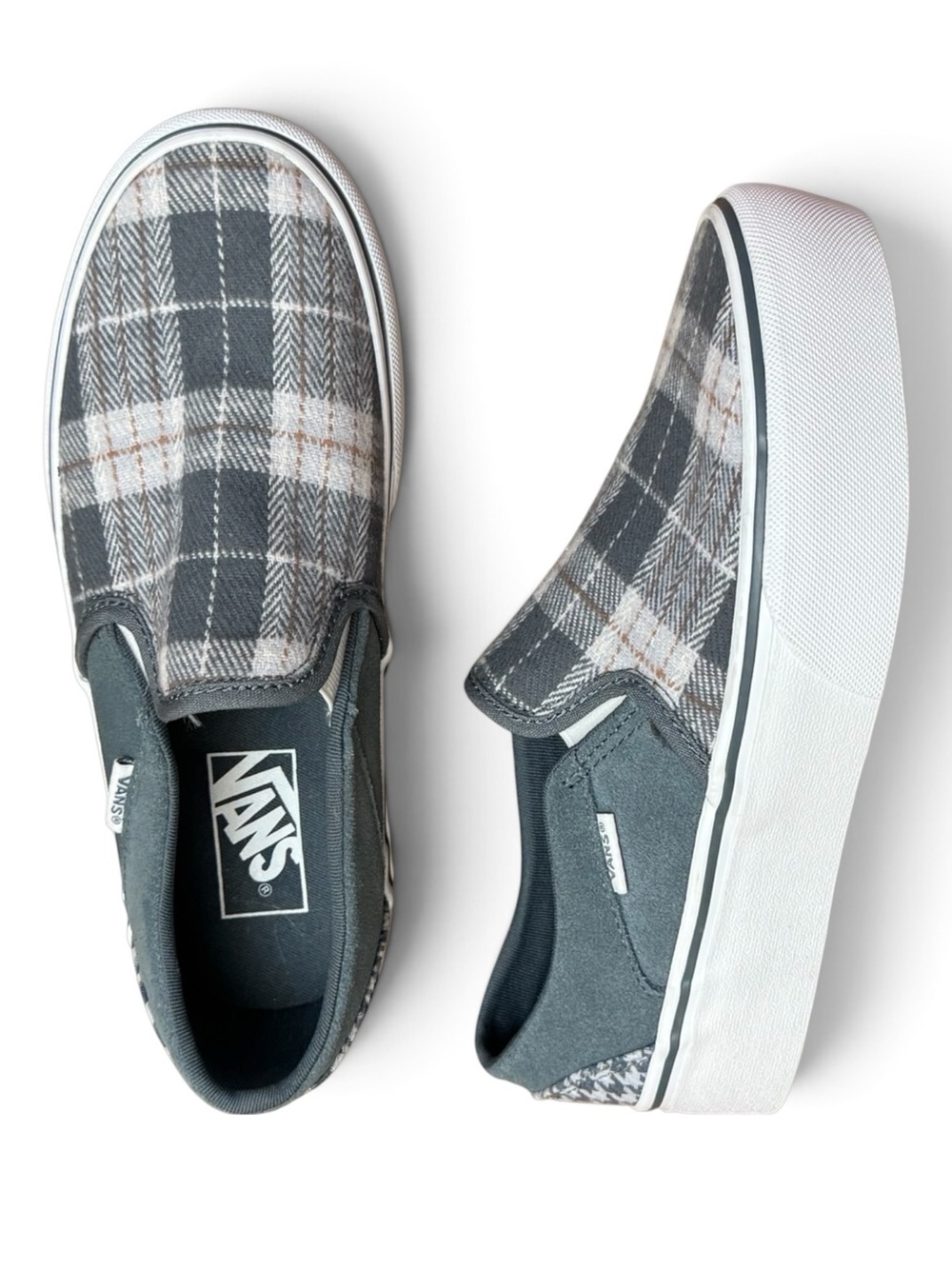 NWOT Vans Asher Women's Platform Grey Plaid Mix Slip-On Skate Shoes Size 6.5